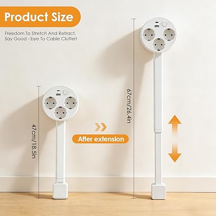 Multiprise Extensible Orientable 180° avec USB-A et USB-C – Rallonge de Prise Murale 5 Ports – Barre d’Extension Rétractable