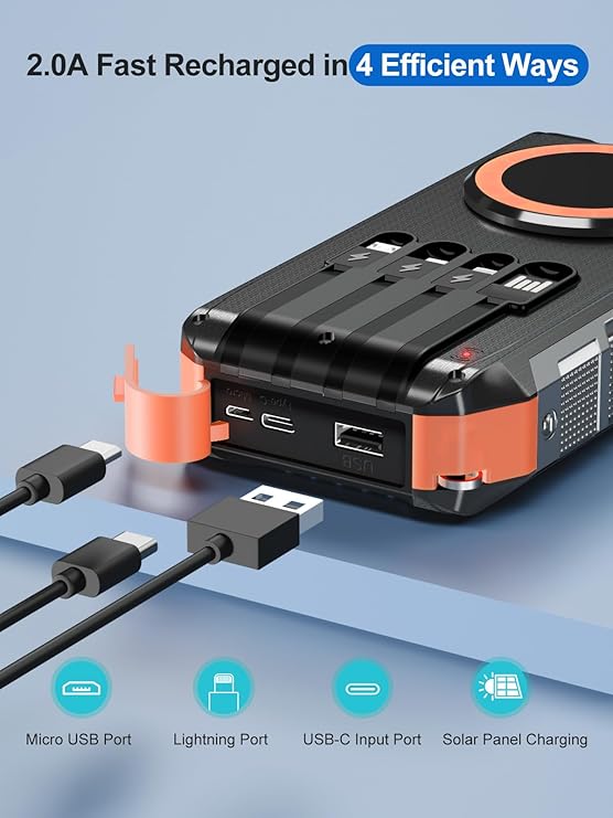 Batterie Externe Solaire 26800mAh Charge Rapide 30W USB-C Power Bank Magnétique Sans Fil avec 4 Câbles Intégrés, 7 Ports, Lampe LED, Étanche Camping Voyage – Noir Orange