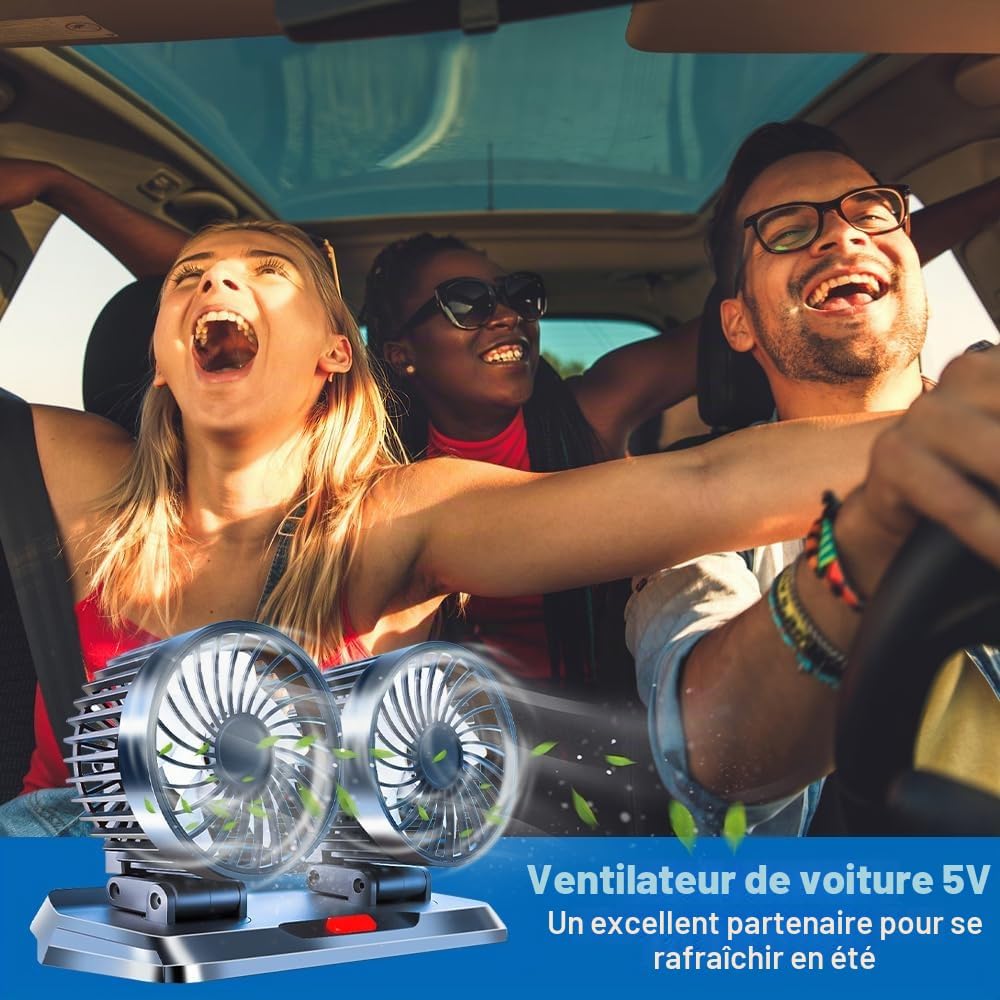 Ventilateur de voiture USB double tête rotatif 360° 3 vitesses pour appuie-tête – Ventilateur portable silencieux pour voiture, SUV, camion et camping-car