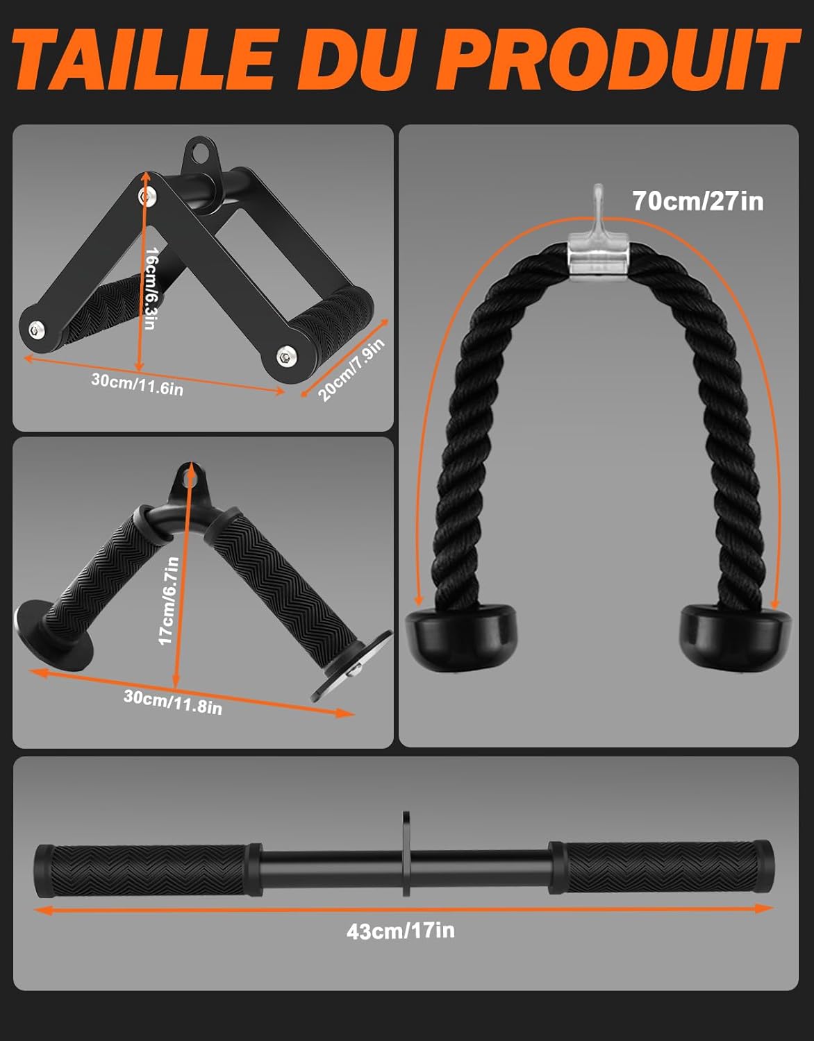 Kit Accessoires Musculation Poulie – Barre de Tirage, Poignée Double D, Barre Droite & Corde Triceps – Home Gym & Salle de Sport