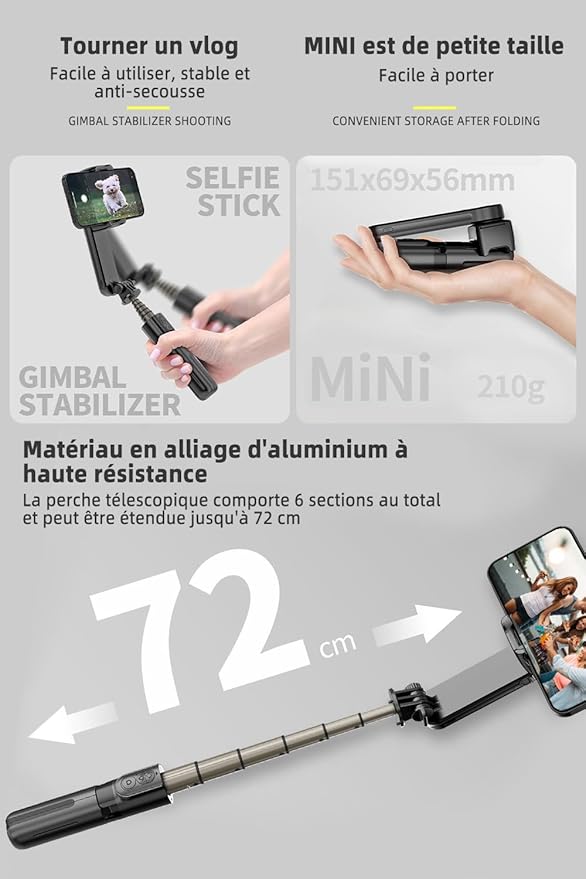 Stabilisateur Smartphone Portable avec Lumière LED et Télécommande – Perche Selfie Cardan Pliable pour Android iPhone Vlog TikTok