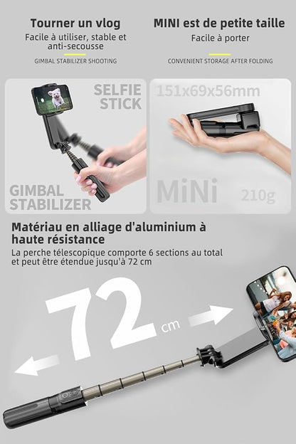Stabilisateur Smartphone Portable avec Lumière LED et Télécommande – Perche Selfie Cardan Pliable pour Android iPhone Vlog TikTok