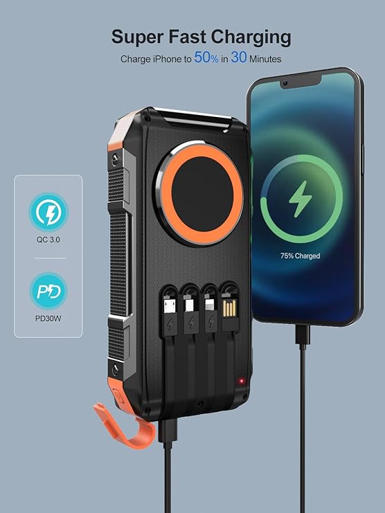 Batterie Externe Solaire 26800mAh Charge Rapide 30W USB-C Power Bank Magnétique Sans Fil avec 4 Câbles Intégrés, 7 Ports, Lampe LED, Étanche Camping Voyage – Noir Orange