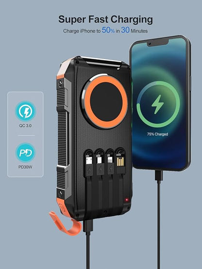 Batterie Externe Solaire 26800mAh 30W USB-C – Sans Fil Magnétique – 7 Ports + 4 Câbles + LED