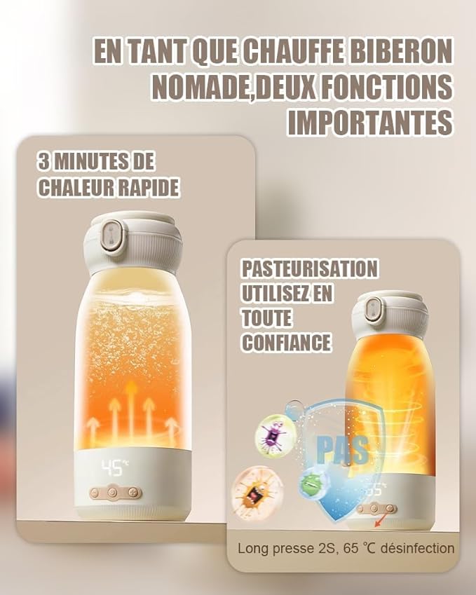 Chauffe Biberon Nomade Portable 500ml Chauffage Rapide Stérilisation Maintien au Chaud Batterie 10400mAh Beige