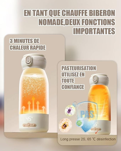 Chauffe Biberon Nomade Portable 500ml Chauffage Rapide Stérilisation Maintien au Chaud Batterie 10400mAh Beige