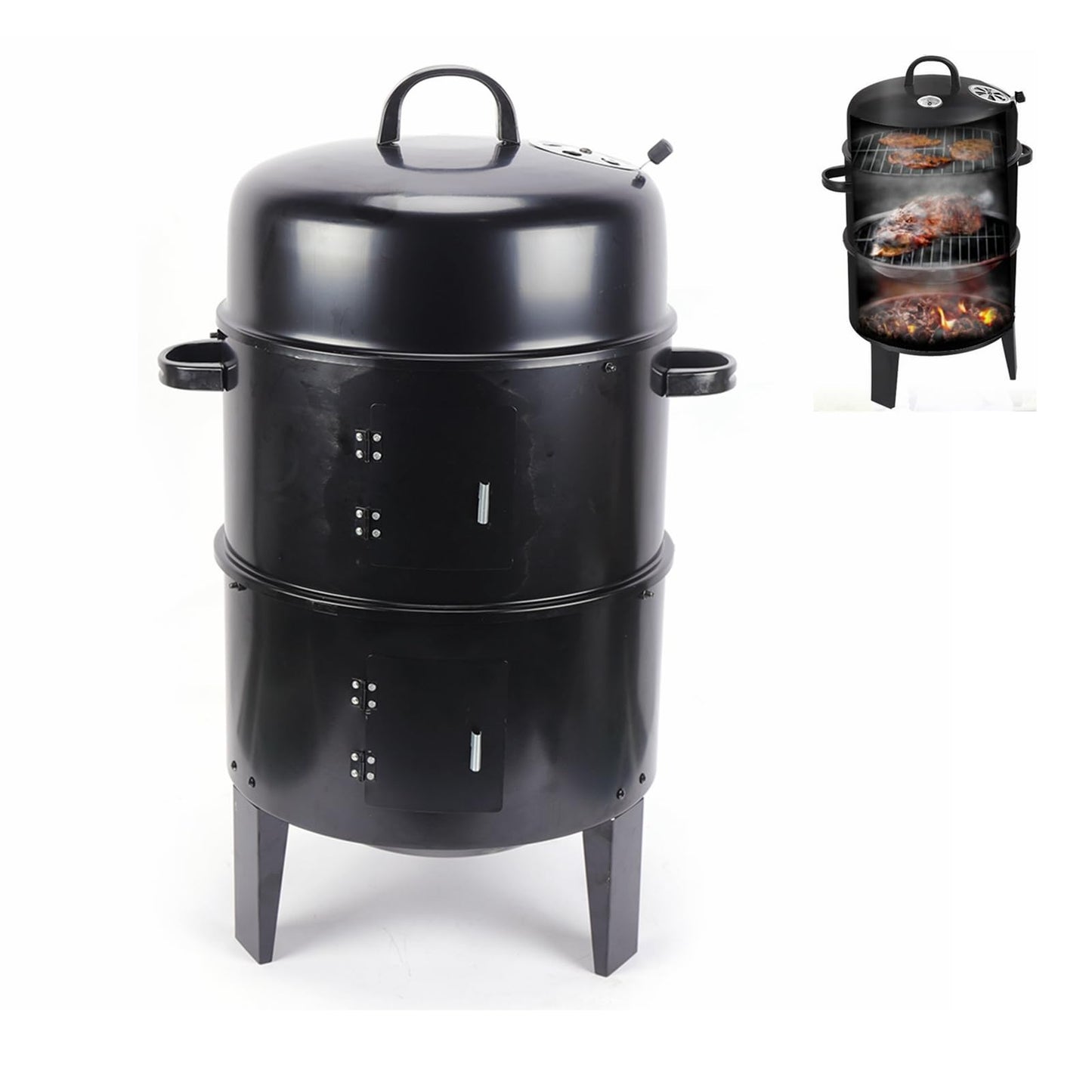 Barbecue Fumoir 3-en-1 avec Thermomètre Intégré 84 cm – Réchaud à Encens Charbon pour Grillades, Fumage et Cuisson Extérieure