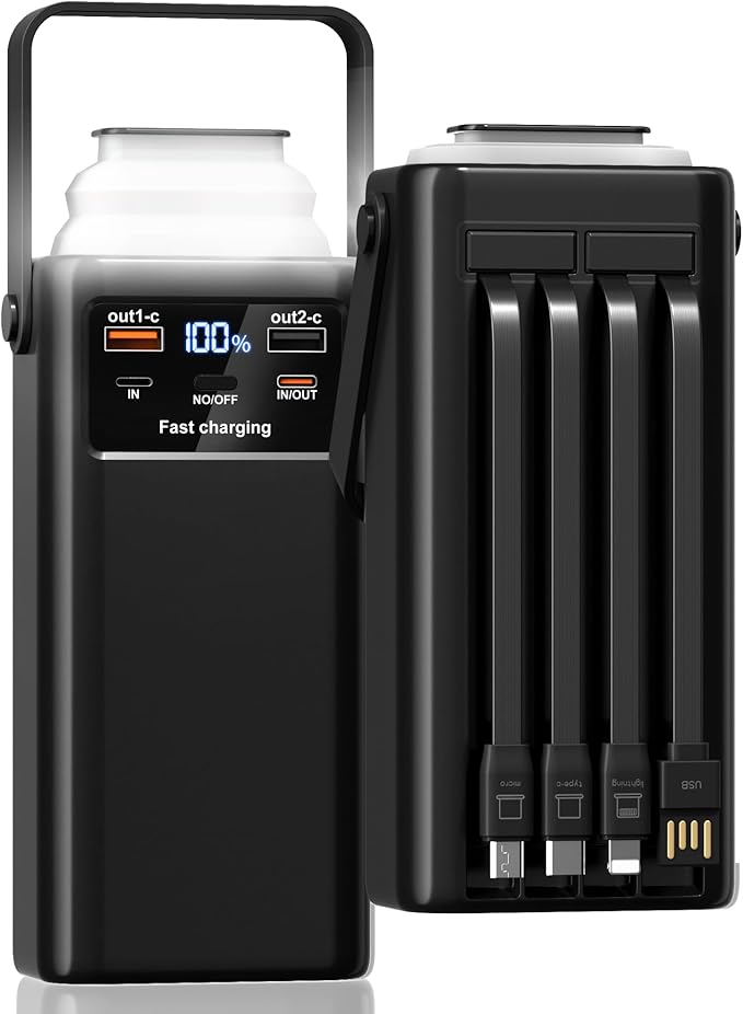 Batterie Externe 60000mAh Power Bank 35W Charge Rapide USB-C – 7 Ports, Câbles Intégrés, Écran LED, Lampe Torche – Noir