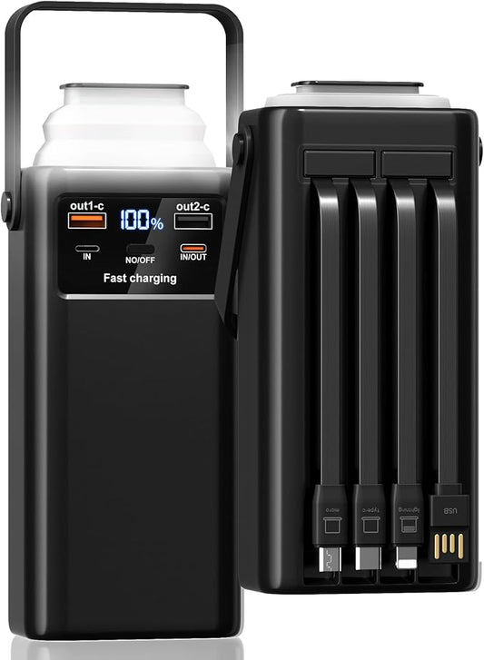 Batterie Externe 60000mAh Power Bank 35W Charge Rapide USB-C – 7 Ports, Câbles Intégrés, Écran LED, Lampe Torche – Noir