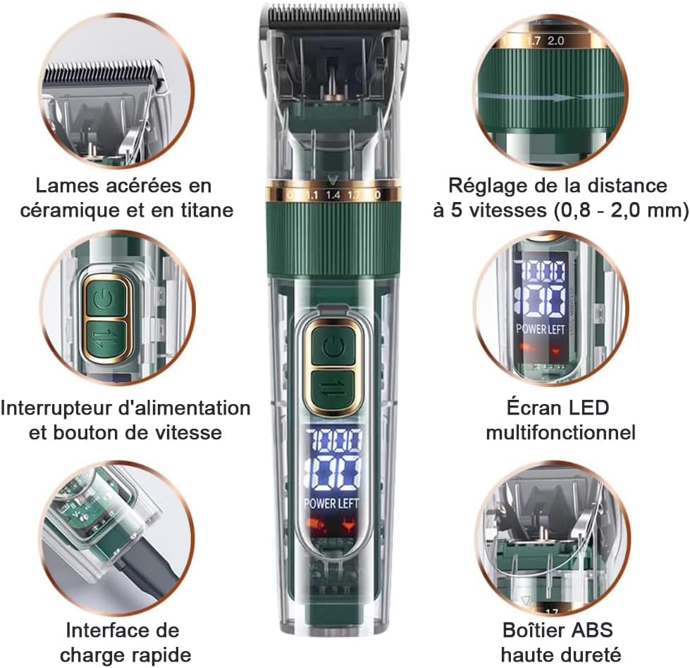 Tondeuse Professionnelle pour Chien et Chat LED Étanche IPX7 Rechargeable 3 Vitesses avec Accessoires