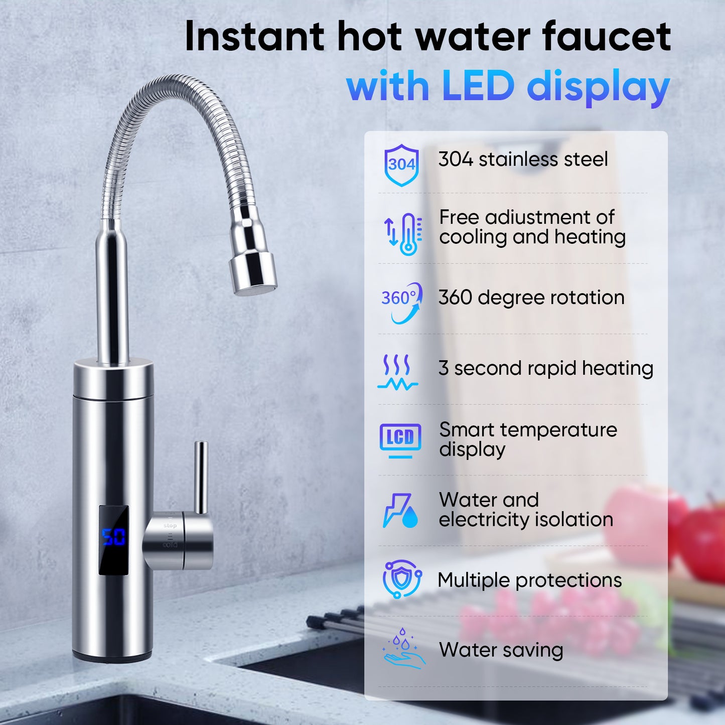 Robinet Chauffe-Eau Instantané 3000W – Chauffage Eau Cuisine Salle de Bain Sans Réservoir Inox