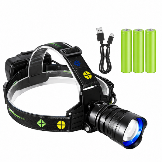 Lampe Frontale LED Rechargeable USB-C – Zoom & 3 Batteries Incluses – Éclairage Mains Libres Camping, Randonnée & Extérieur