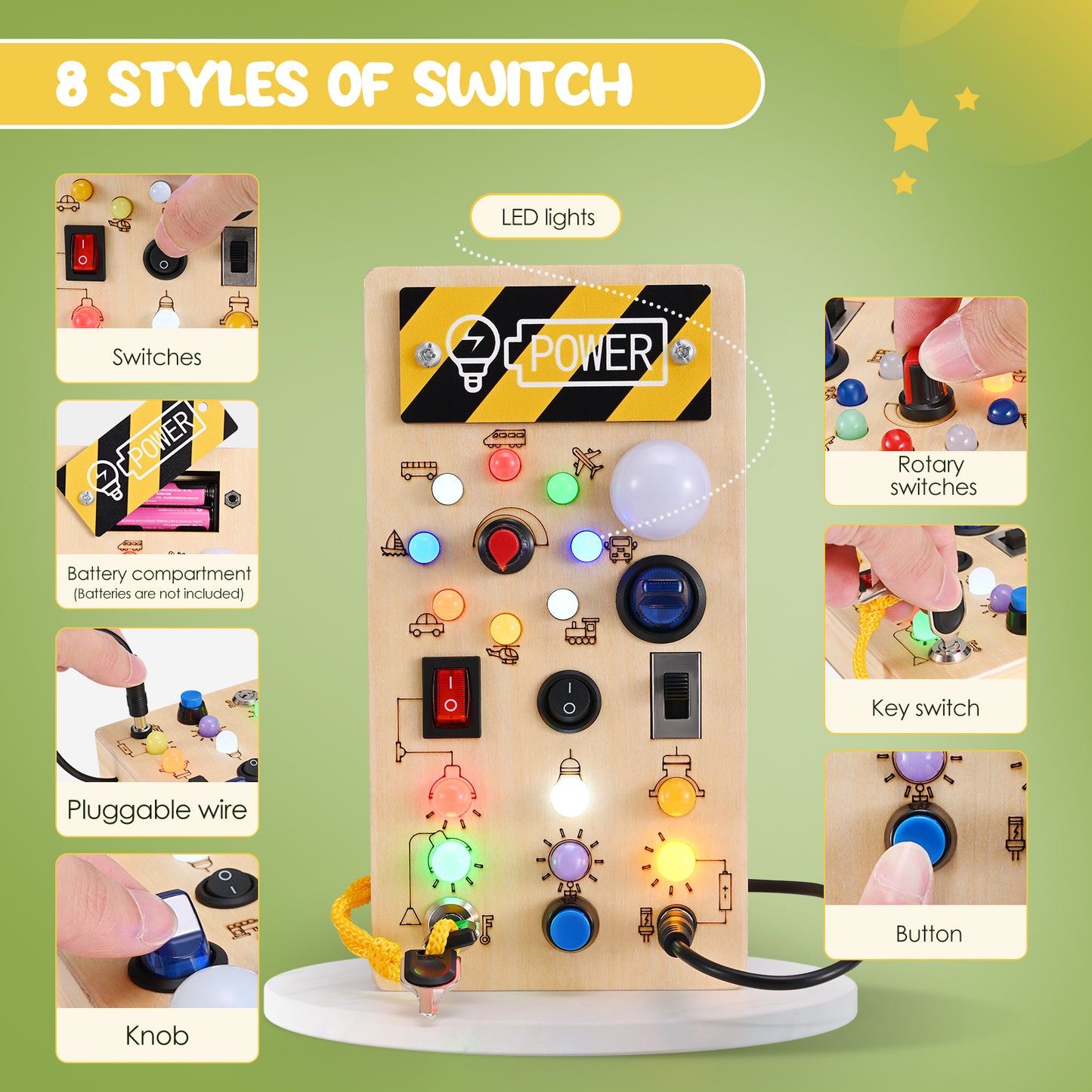 Planche Montessori Sensorielle en Bois – Tableau d’Activités LED – Jouet Éducatif 2 à 4 Ans