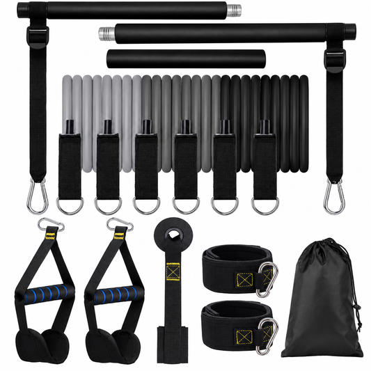 Pilates Bar Kit with 6 Elastic Resistance Bands – Fitness, Strength Training & Portable Yoga, Men & Women