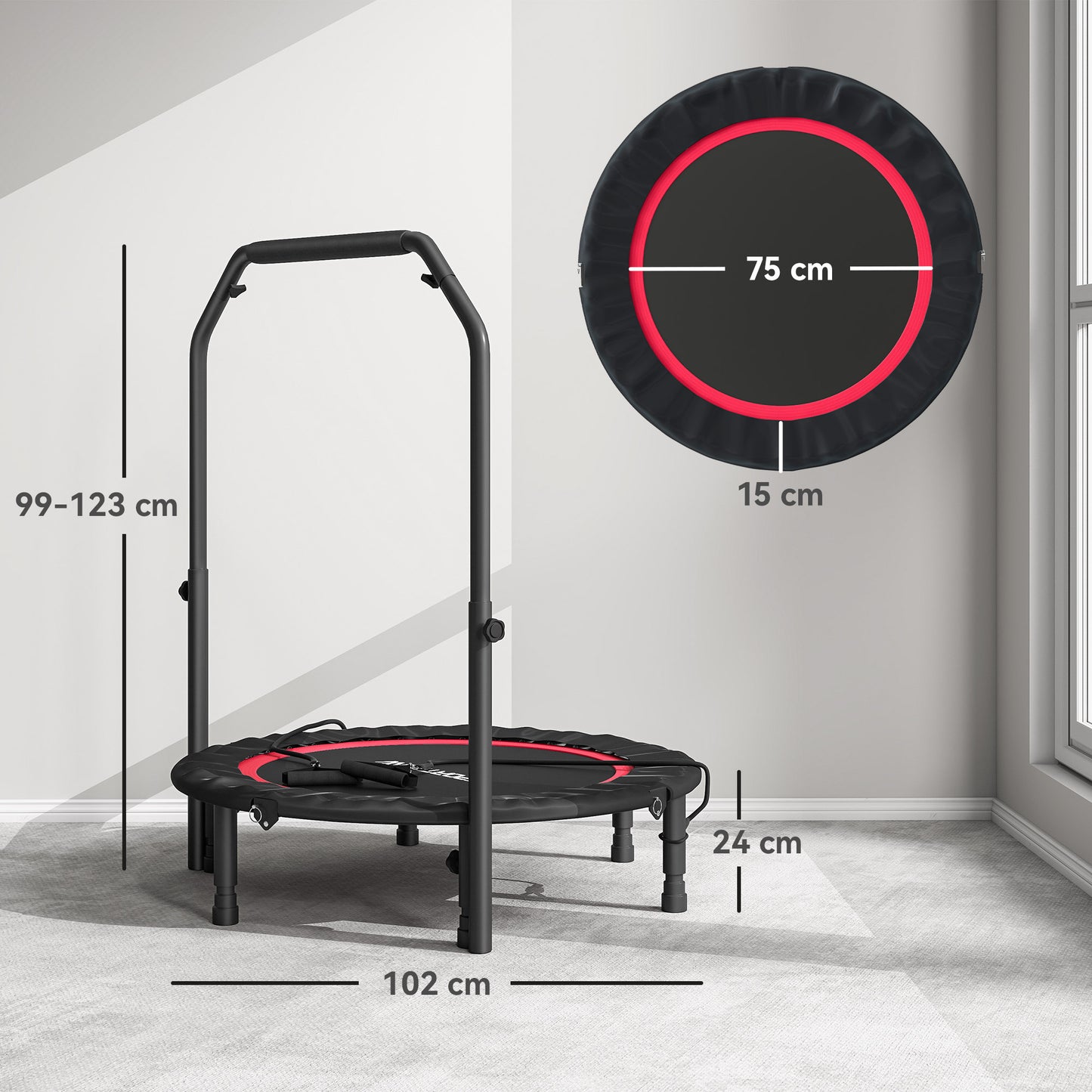 Mini Trampoline de Fitness 102 cm – Barre Réglable & Bandes de Résistance | Cardio & Musculation à Domicile