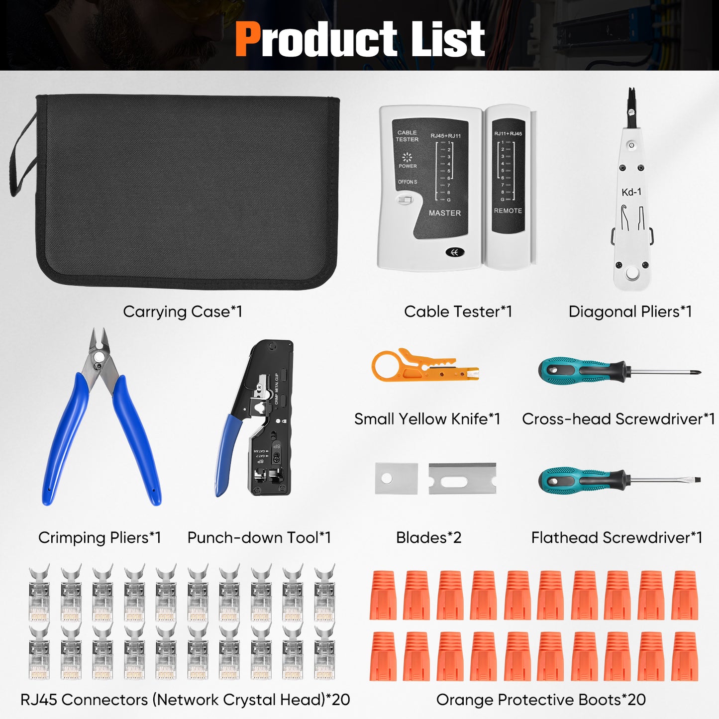 Kit Outils Réseau RJ45 Complet – Pince à Sertir + Testeur + Connecteurs Cat6/Cat7 – Installation Câble Ethernet