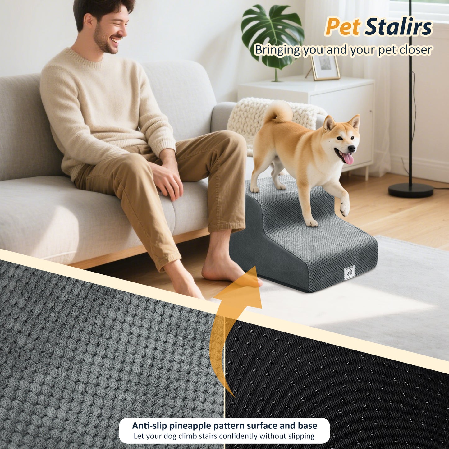 Rampe Escalier Chien Chat 2 Marches – Antidérapant Mousse Mémoire de Forme Lavable
