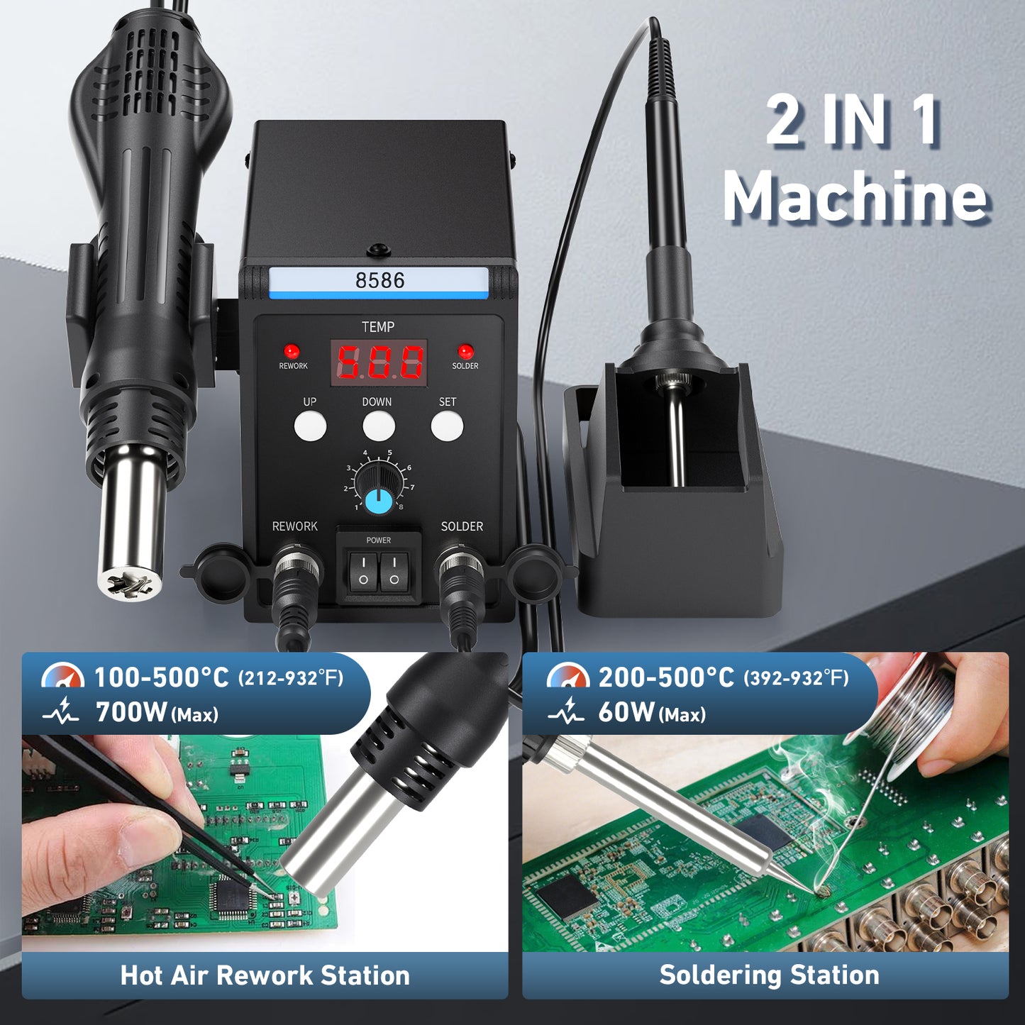 Station de Soudage 2 en 1 Numérique – Fer à Souder + Pistolet Air Chaud Antistatique SMD
