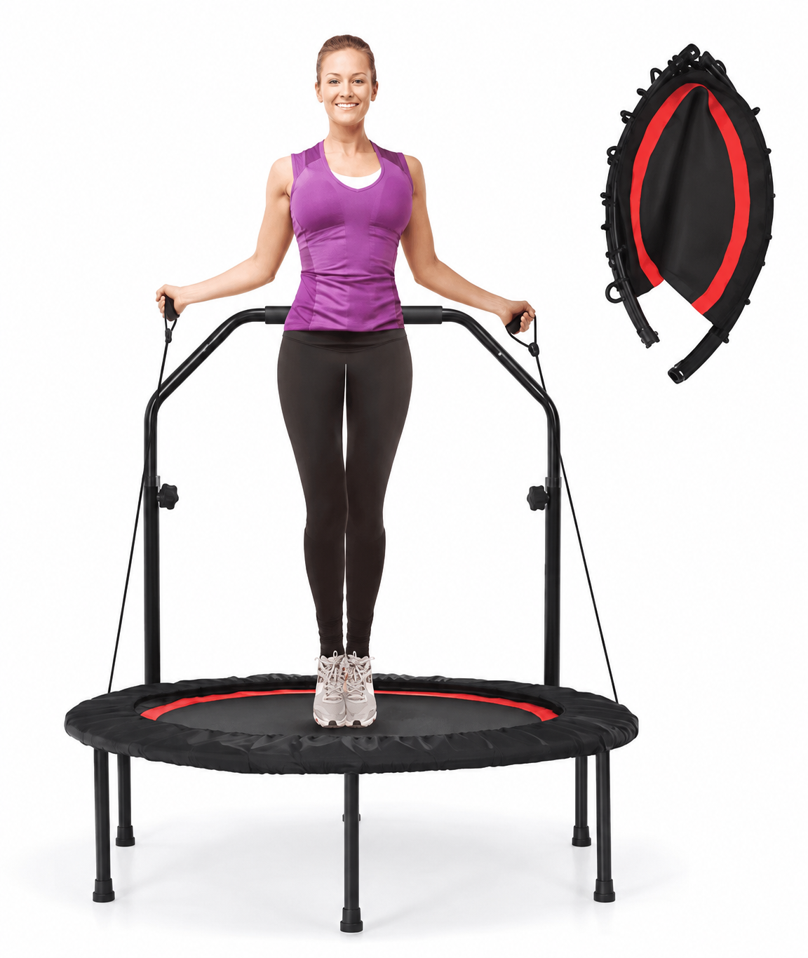 Mini Trampoline Fitness Pliable 101 cm – Barre Réglable + Bandes de Résistance, Cardio Maison