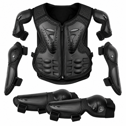 Armure de Protection Moto Enfant – Gilet Motocross + Coudières + Genouillères – Noir