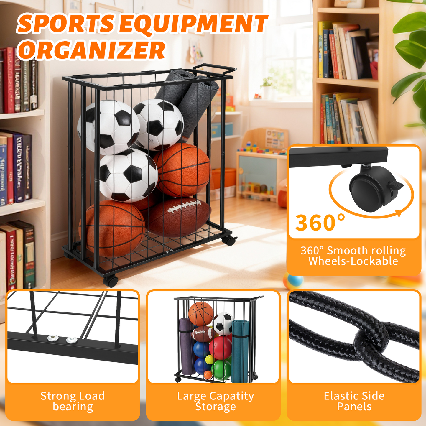 Chariot Rangement Balles Sport – Bac Métal avec Roues Organisateur Garage Salle de Sport