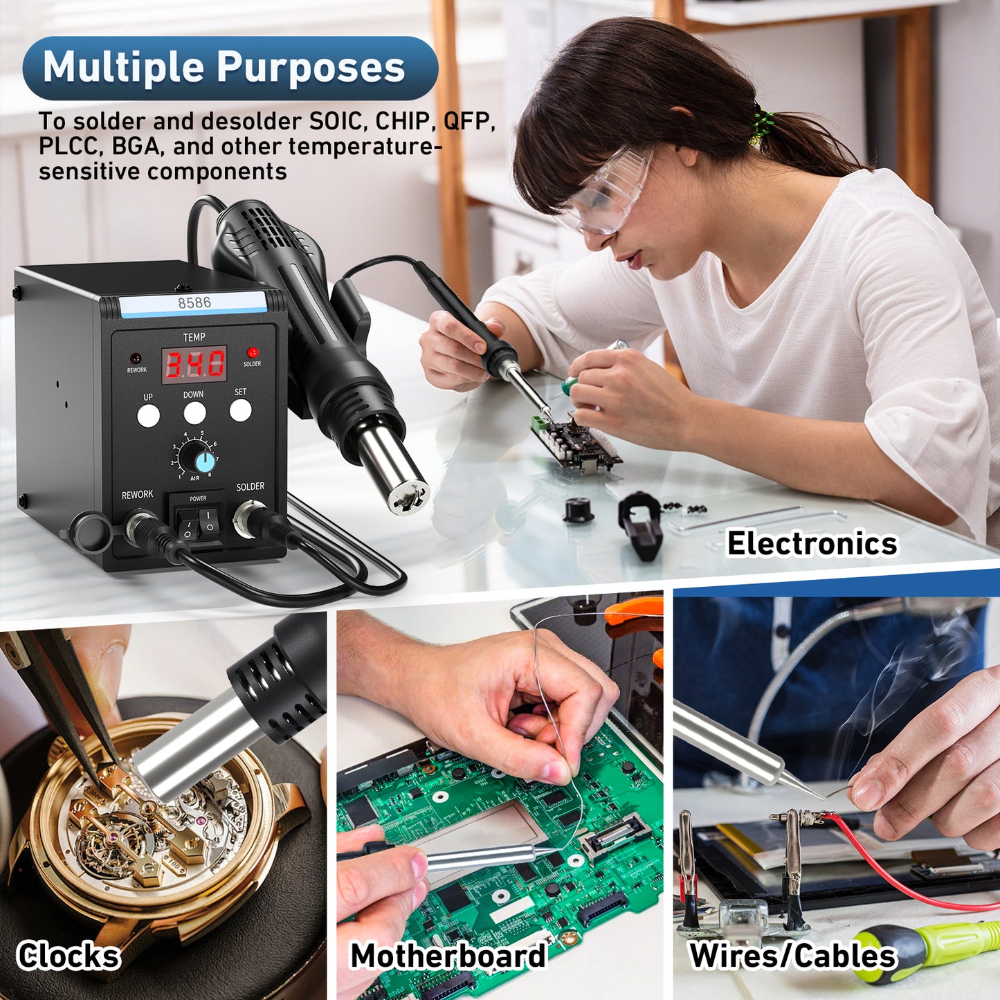 Station de Soudage 2 en 1 Numérique – Fer à Souder + Pistolet Air Chaud Antistatique SMD