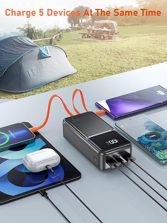 Batterie Externe 50000mAh Charge Rapide QC 22.5W PD20W Écran LED 5 Ports USB + USB-C Power Bank Portable Smartphone iPhone Android Camping – Noir