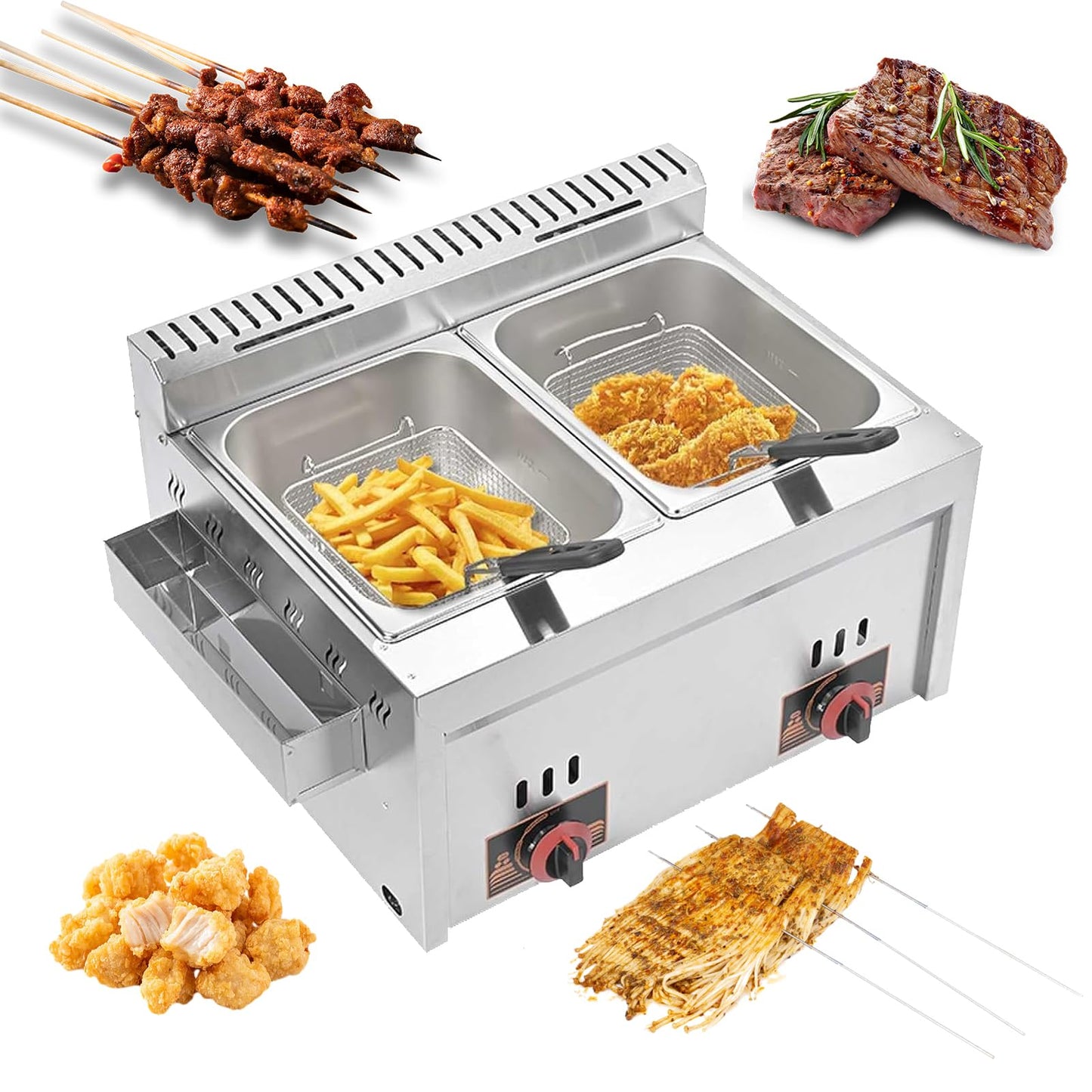 Friteuse Électrique Professionnelle 6L Double Bac – Acier Inoxydable – Contrôle Température et Minuterie – Machine à Frites et Poulet