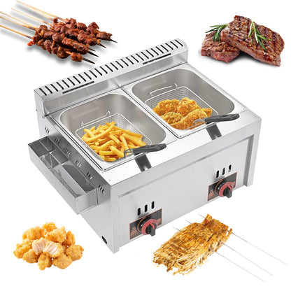 Freidora eléctrica profesional de 6L con doble cubeta – Acero inoxidable – Control de temperatura y temporizador – Máquina para patatas fritas y pollo
