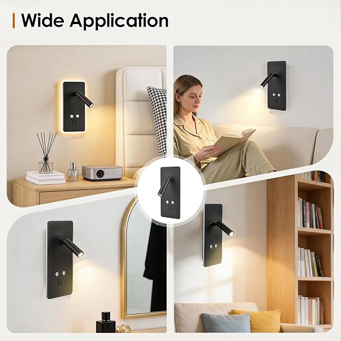 Lot de 2 Lampes de Lecture Murales LED avec USB et USB-C – Applique Murale de Chevet Intensité Variable – Lampe LED Moderne pour Chambre, Hôtel, Couloi