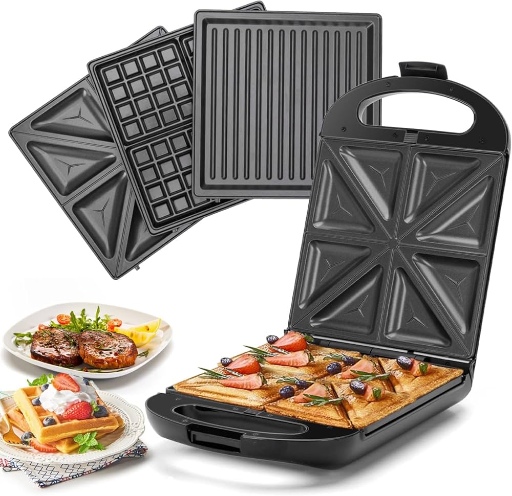 Machine à Sandwich 3 en 1 – Appareil à Croque-Monsieur, Gaufrier et Grill 1200W, Plaques Antiadhésives Amovibles, Rotation 180°