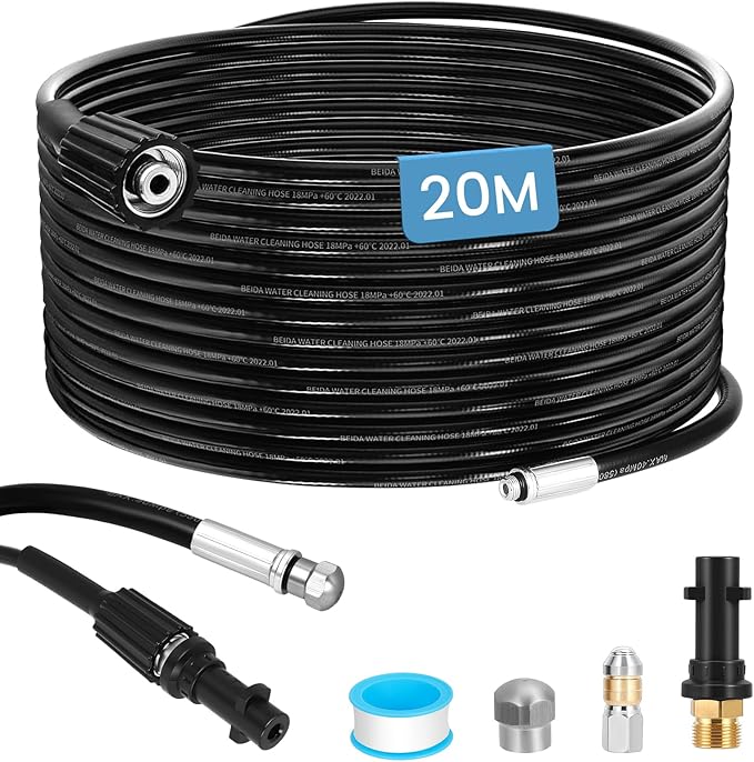 Tuyau Déboucheur Canalisation 20 m pour Nettoyeur Haute Pression – Flexible 400 Bar avec Buses Rotatives Compatible Karcher K2 K3 K4 K5 K6 K7