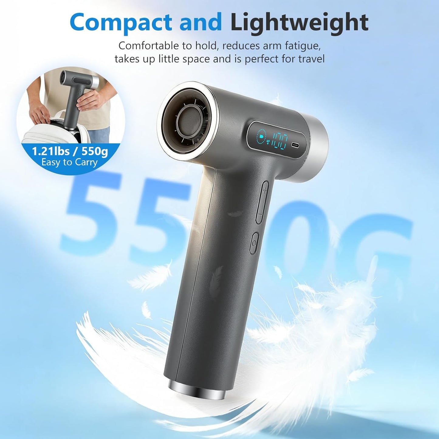 Sèche-Cheveux Sans Fil USB-C Rechargeable 200W – Mini Sèche-Cheveux Portable avec Écran Numérique – 3 Températures – Hair Dryer Voyage Compact