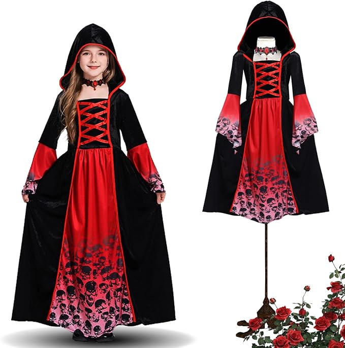 Déguisement Vampire Fille Gothique Médiéval avec Capuche – Costume Halloween Carnaval Rouge et Noir Enfant