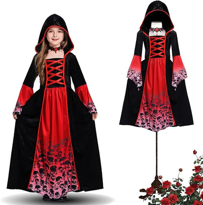 Déguisement Vampire Fille Gothique Médiéval avec Capuche – Costume Halloween Carnaval Rouge et Noir Enfant