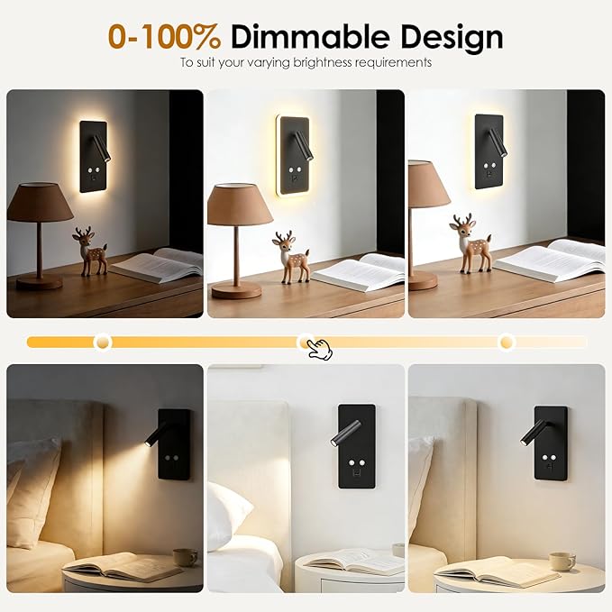 Liseuse Murale LED avec USB et USB-C – Lampe de Lecture Tête de Lit Dimmable 3W+9W 3000K – Applique Murale Moderne pour Chambre et Salon – Noir
