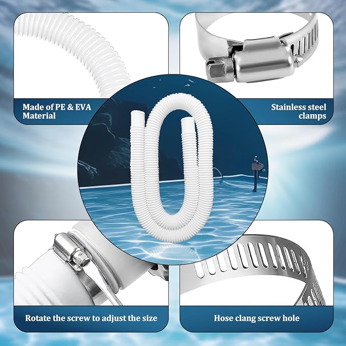 Tuyau de Piscine 32 mm Flexible avec Colliers de Serrage – Tuyau Aspirateur Piscine Hors Sol Compatible Pompe et Filtration