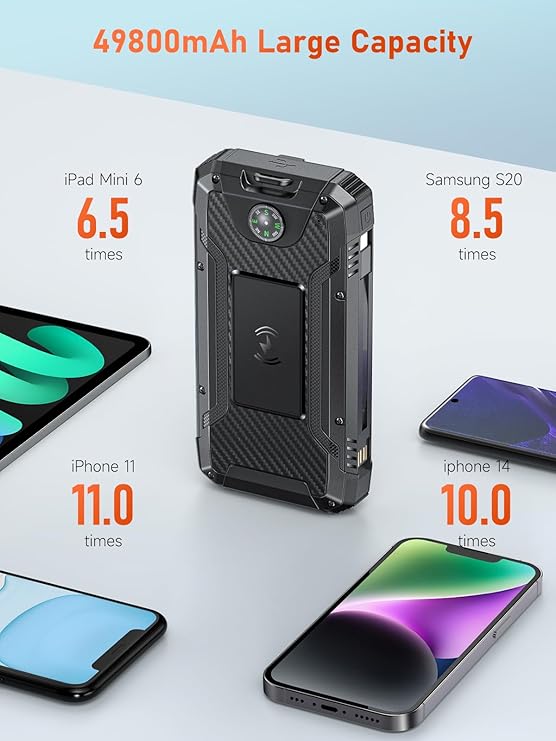 Batterie Externe Solaire 49800mAh Charge Rapide 30W USB-C Power Bank avec Recharge Sans Fil, Câbles Intégrés, Étanche, Lampe LED, Multi Ports Smartphone Camping Voyage – Noir