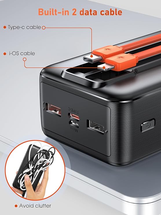 Batterie Externe 50000mAh Charge Rapide QC 22.5W PD20W Écran LED 5 Ports USB + USB-C Power Bank Portable Smartphone iPhone Android Camping – Noir