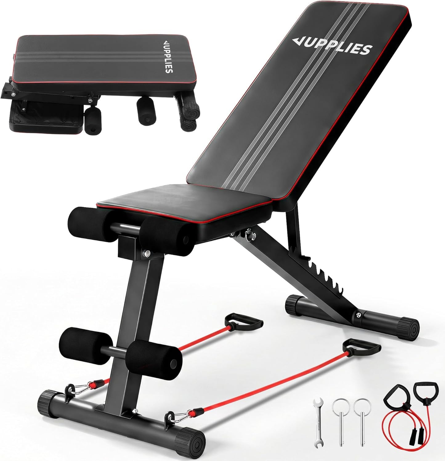 Banc de Musculation Pliable Multifonction Réglable 7 Positions Support 250 kg avec Bandes de Résistance