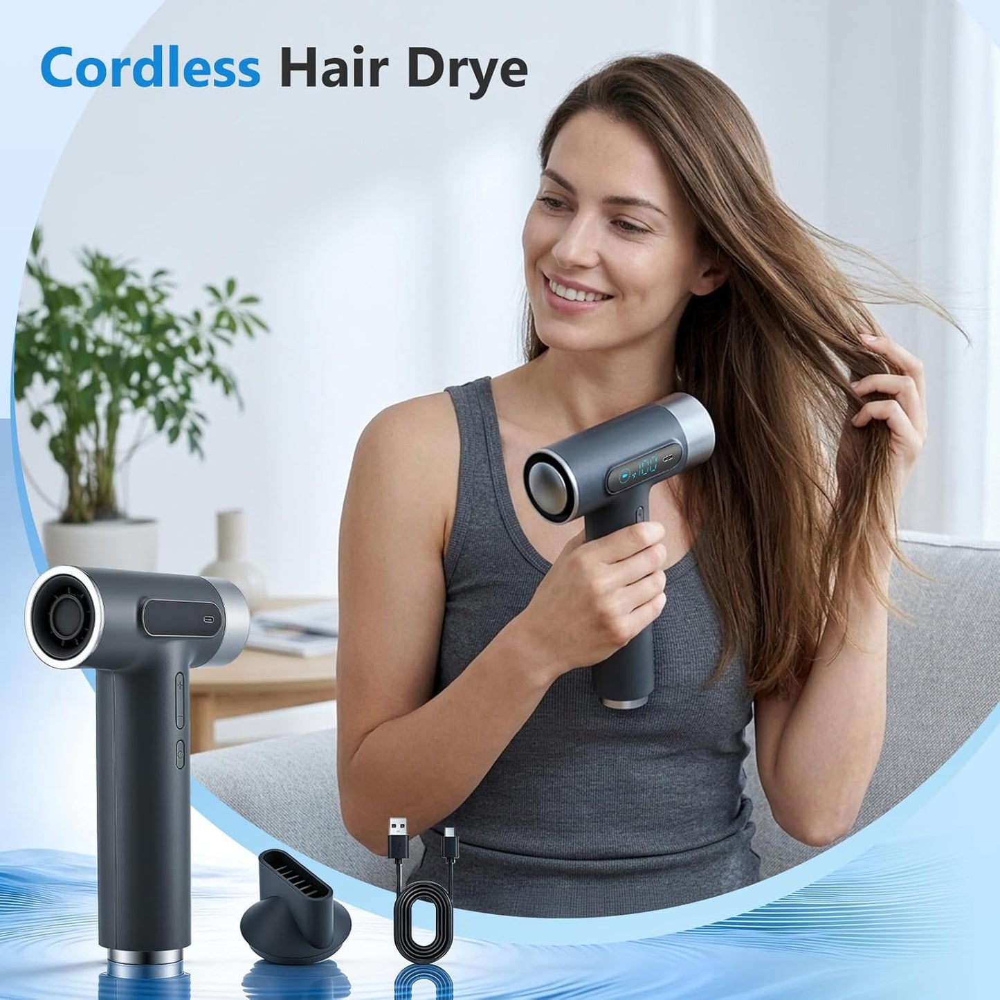Sèche-Cheveux Sans Fil USB-C Rechargeable 200W – Mini Sèche-Cheveux Portable avec Écran Numérique – 3 Températures – Hair Dryer Voyage Compact
