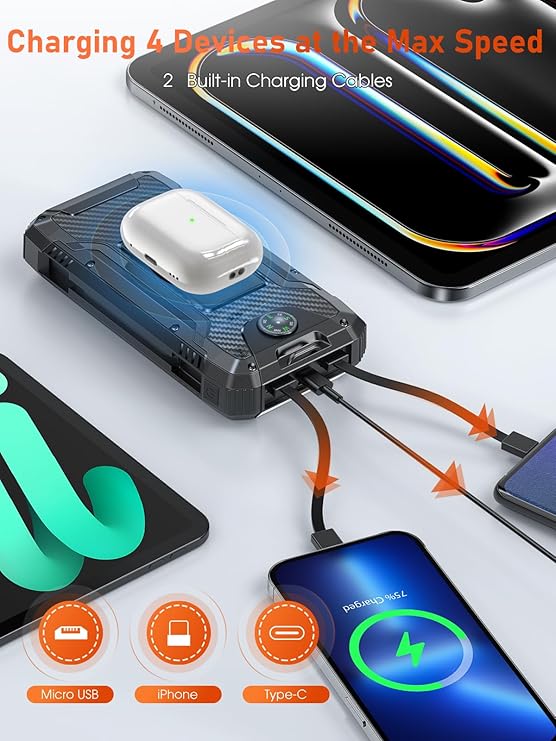 Batterie Externe Solaire 49800mAh Charge Rapide 30W USB-C Power Bank Étanche avec Câbles Intégrés, Lampe LED, Induction Sans Fil, Multi Ports Smartphone Camping – Noir