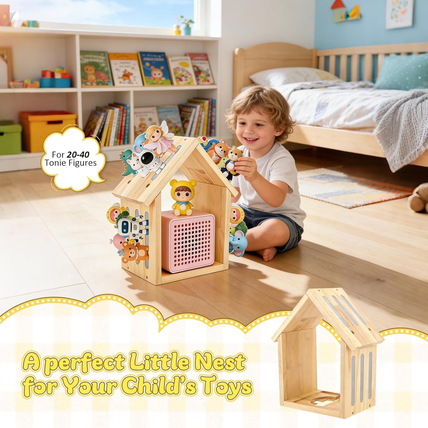 Étagère Murale Magnétique pour Toniebox et Figurines Tonies – Support de Rangement en Bois Forme Maison pour Chambre Enfant