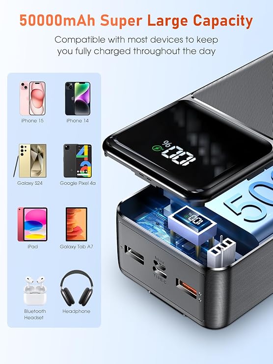Batterie Externe 50000mAh Charge Rapide QC 22.5W PD20W Écran LED 5 Ports USB + USB-C Power Bank Portable Smartphone iPhone Android Camping – Noir
