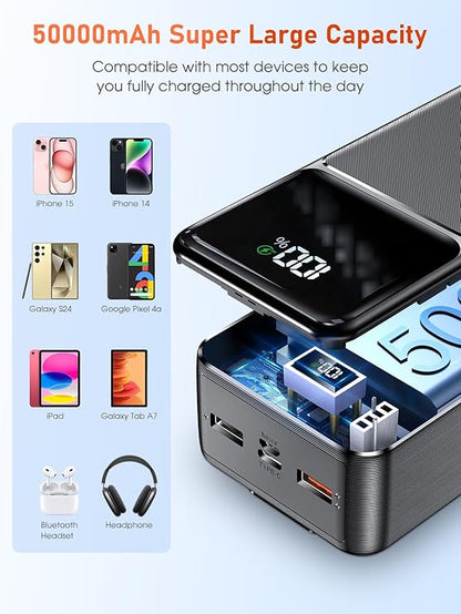 Batterie Externe 50000mAh – Charge Rapide QC 22.5W & PD 20W, 5 Ports USB/USB-C, Écran LED, Power Bank Portable