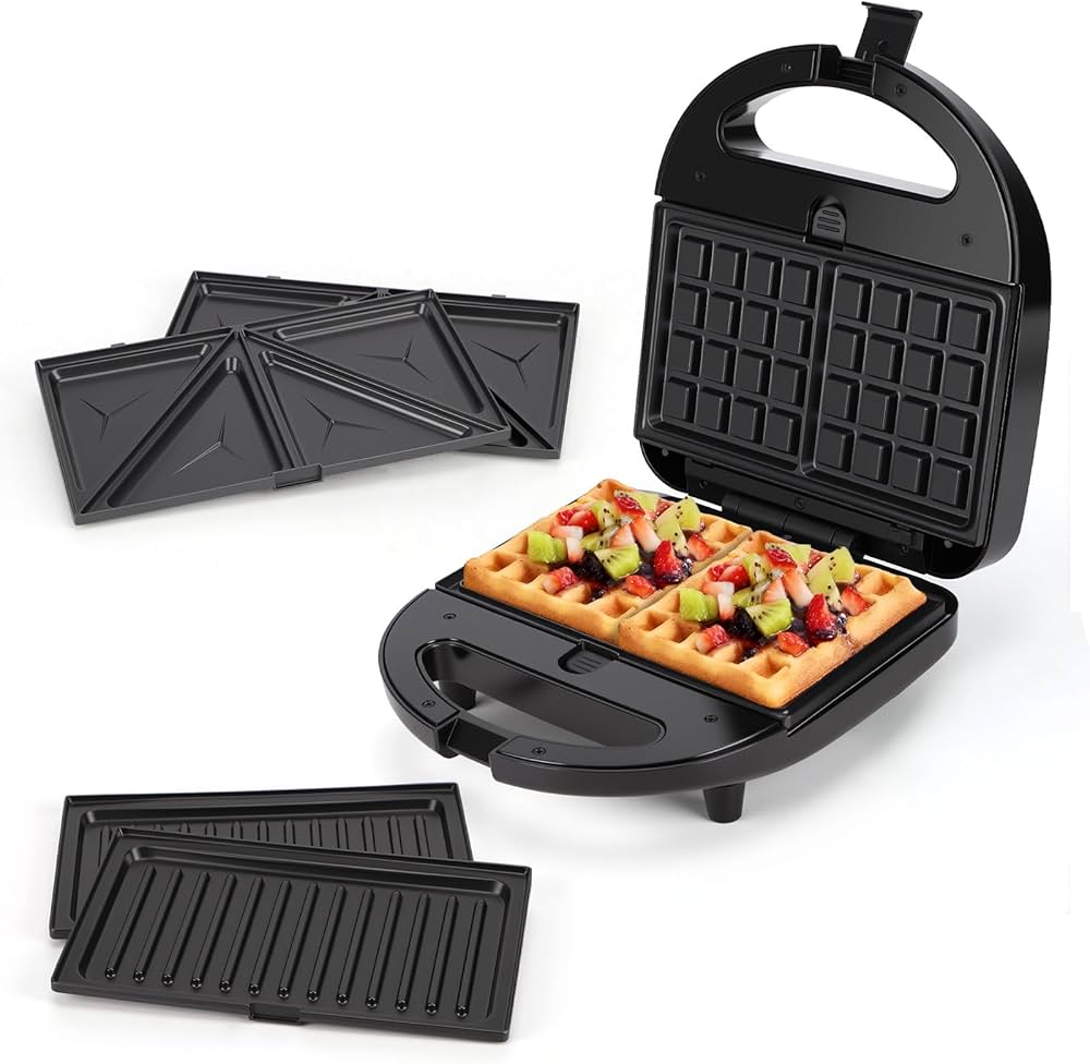 Appareil à Sandwich 3 en 1 – Grill, Gaufrier et Plaque Antiadhésive, 750W, Chauffage Rapide, Plaques Amovibles, Compact