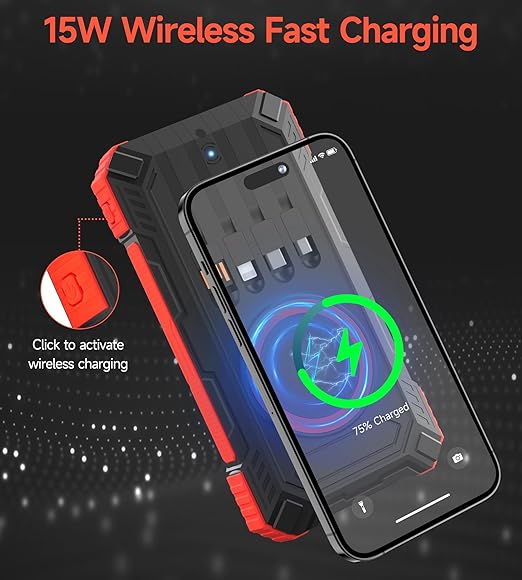 Batterie Externe Solaire 56800mAh 30W USB-C | Power Bank Sans Fil avec 4 Câbles Intégrés, 6 Sorties & 3 Entrées, Lampe LED + Boussole | Chargeur Portable Étanche pour Smartphone, Camping – Noir Rouge
