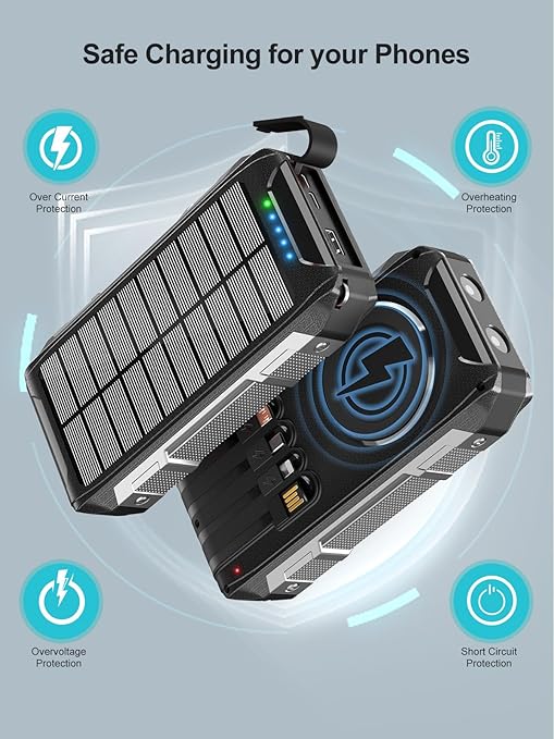 Batterie Externe Solaire 26800mAh Charge Rapide 30W USB-C Power Bank Magnétique Sans Fil avec 4 Câbles Intégrés, 7 Ports, Lampe LED, Étanche Camping Voyage – Noir