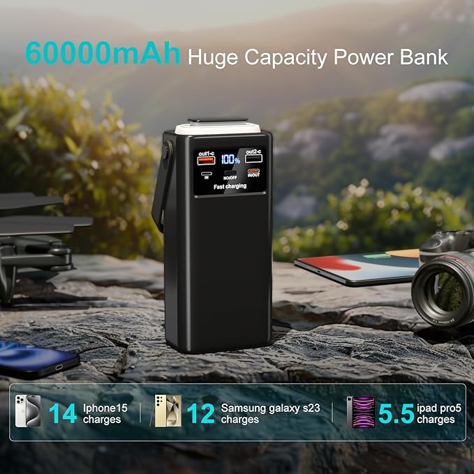 Batterie Externe 60000mAh Power Bank PD45W Charge Rapide USB-C – 4 Câbles Intégrés, Lampe LED, Affichage Digital