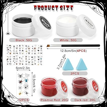 Kit Maquillage Halloween Noir Blanc Rouge avec Faux Tatouages – Peinture Visage SFX pour Cosplay Carnaval Clown Horreur